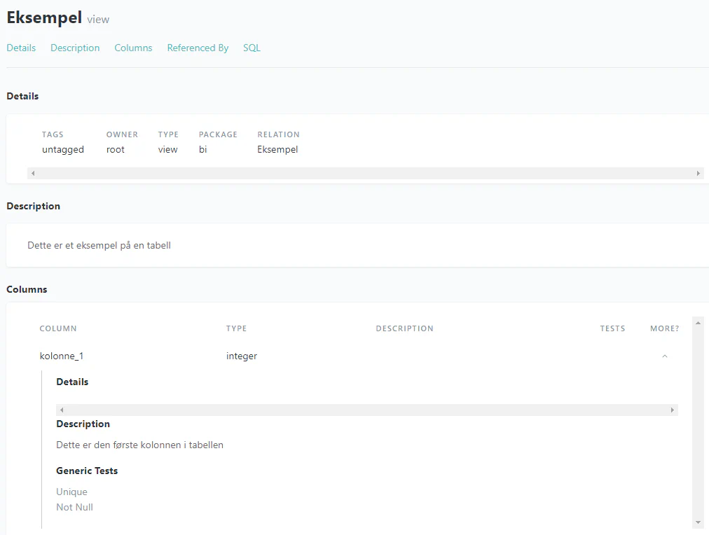 Dokumentasjonen som dbt genererer er svært praktisk og oversiktleg