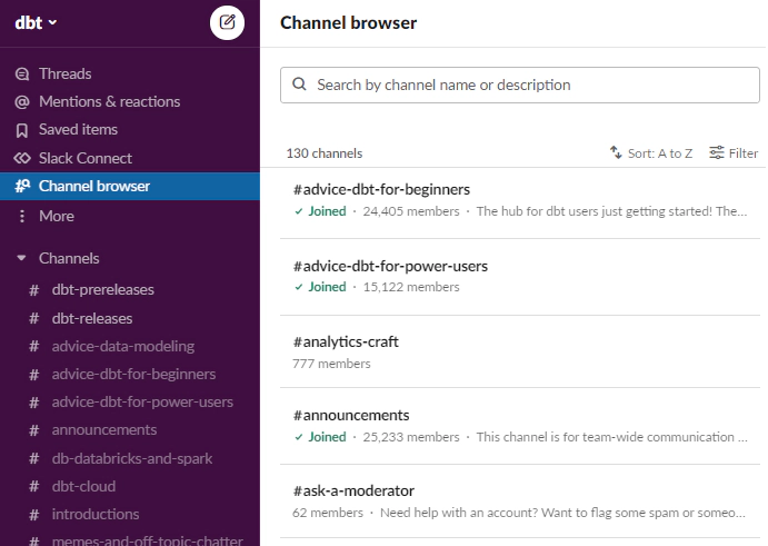 Slack-kanalene til dbt er en god kilde til informasjon og diskusjon