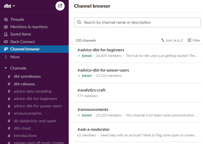 Slack-kanalane til dbt er ein god kjelde for informasjon og diskusjon
