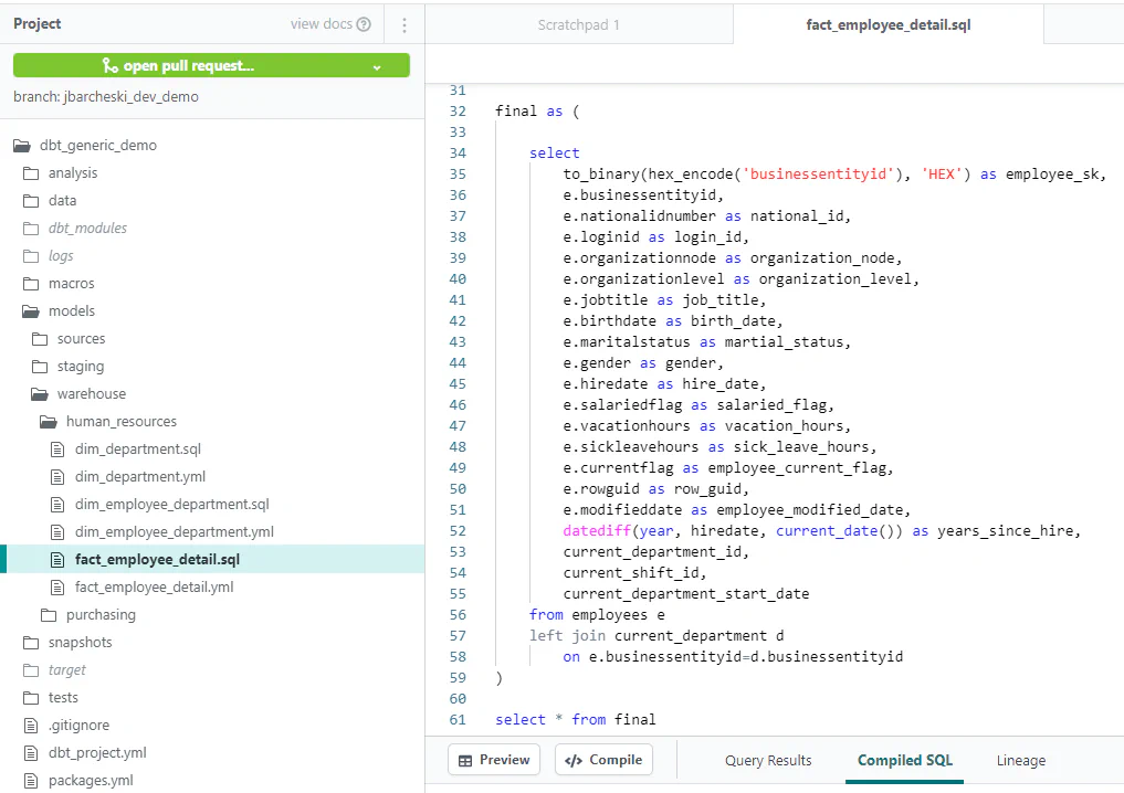 Example of code for data transformation in the ELT process from dbt