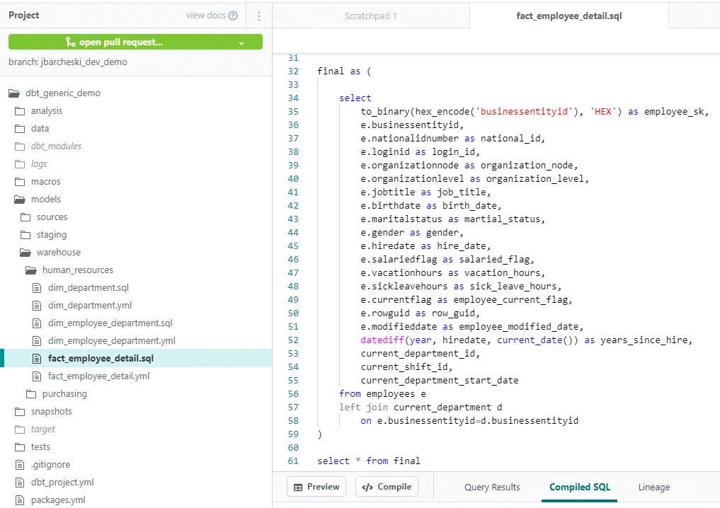 Example of code for data transformation in the ELT process from dbt