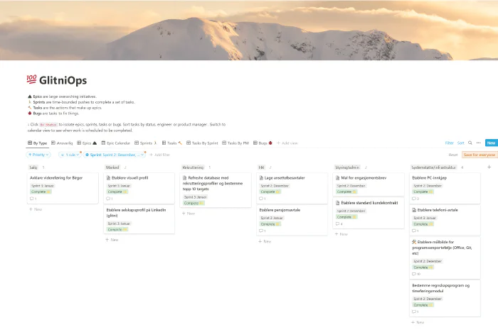 Example of task tracking at Glitni from December 2021, created in Notion