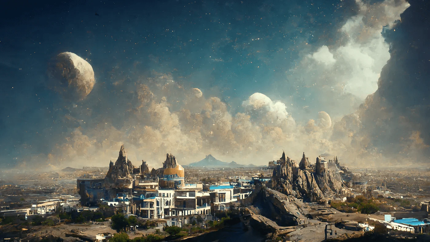 Image generated by Midjourney.com, text prompt: beautiful, fantasy city unreal engine